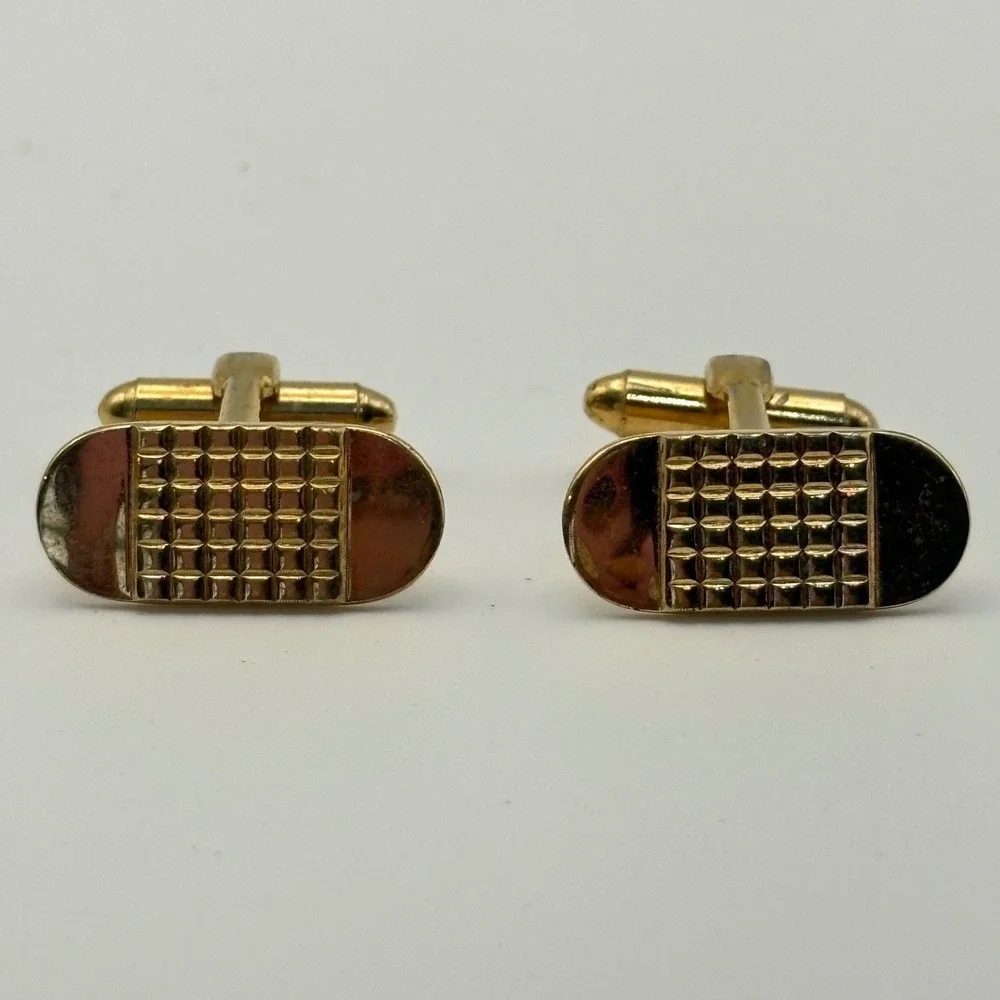 Cufflinks Mens OS Gold Grid Textured Oval Retro Accessory Timeless Vintage